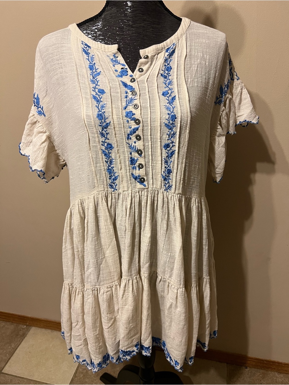 Free People Cream Mini Dress with Blue Embroidery - Picture 2 of 9